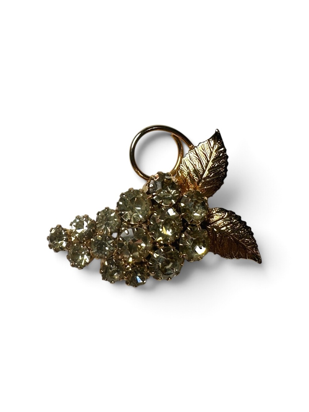 Vintage Rhinestone Grape Cluster Brooch with Gold Tone Vine